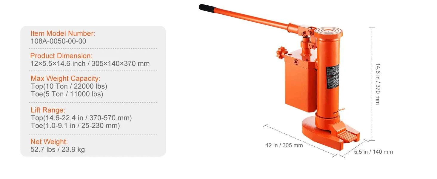 5T/10T Hydraulic Toe Jack with 360° Rotating Base for Machinery-United States