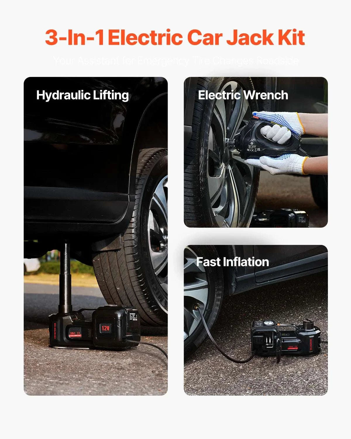 5T Electric Car Jack Kit with Impact Wrench, LED & Inflator-black / spain
