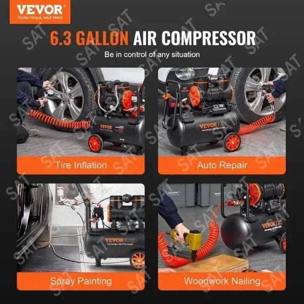 6.3 Gallon Oil-Free Air Compressor 2HP 3.35 CFM 90 PSI Quiet 70dB-8L