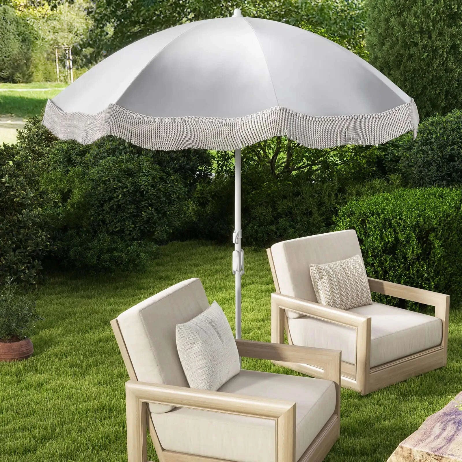 6.5 FT Patio Fringe Umbrella with Push-Button Tilt and Carry Bag-WHITE / United States