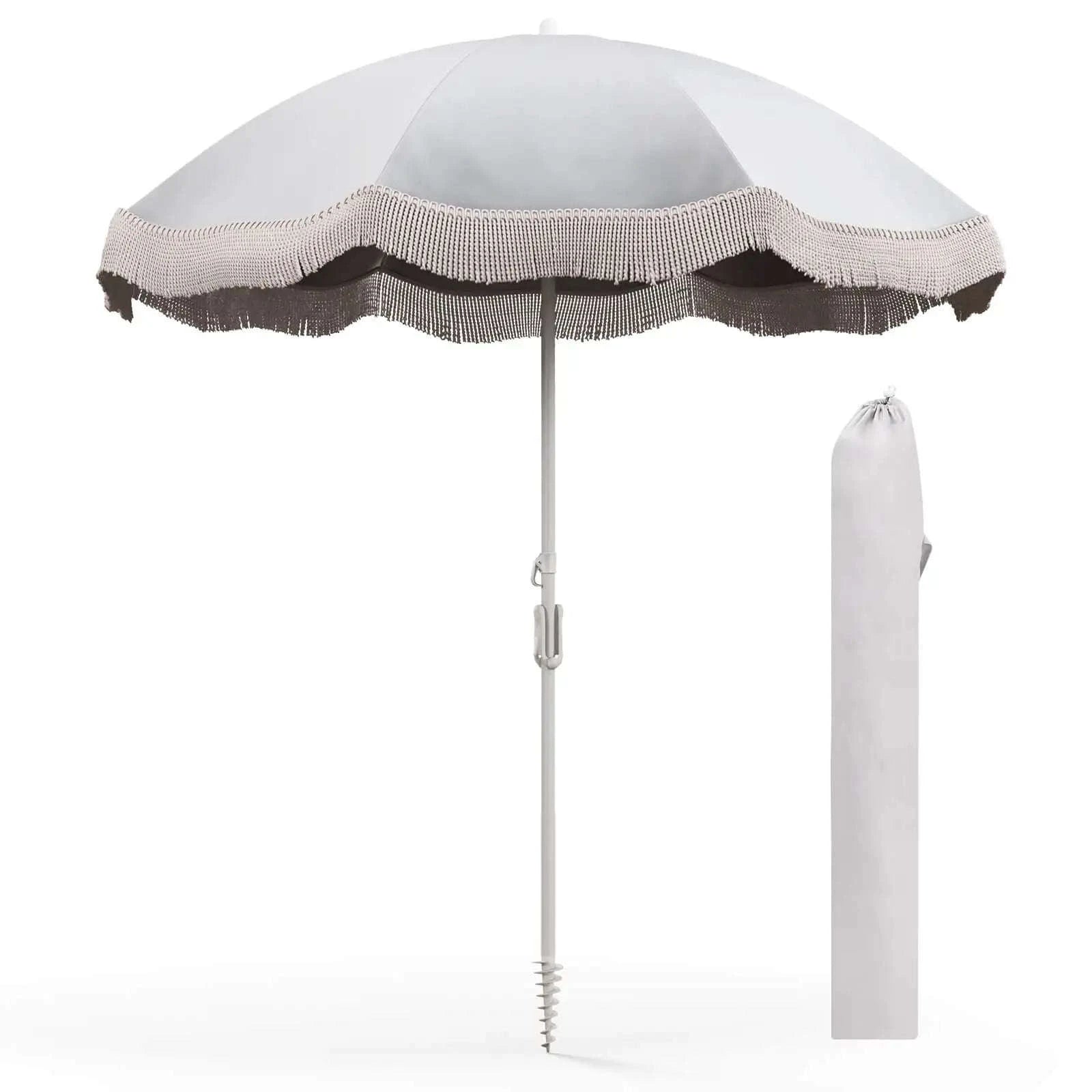 6.5 FT Patio Fringe Umbrella with Push-Button Tilt and Carry Bag-WHITE / United States