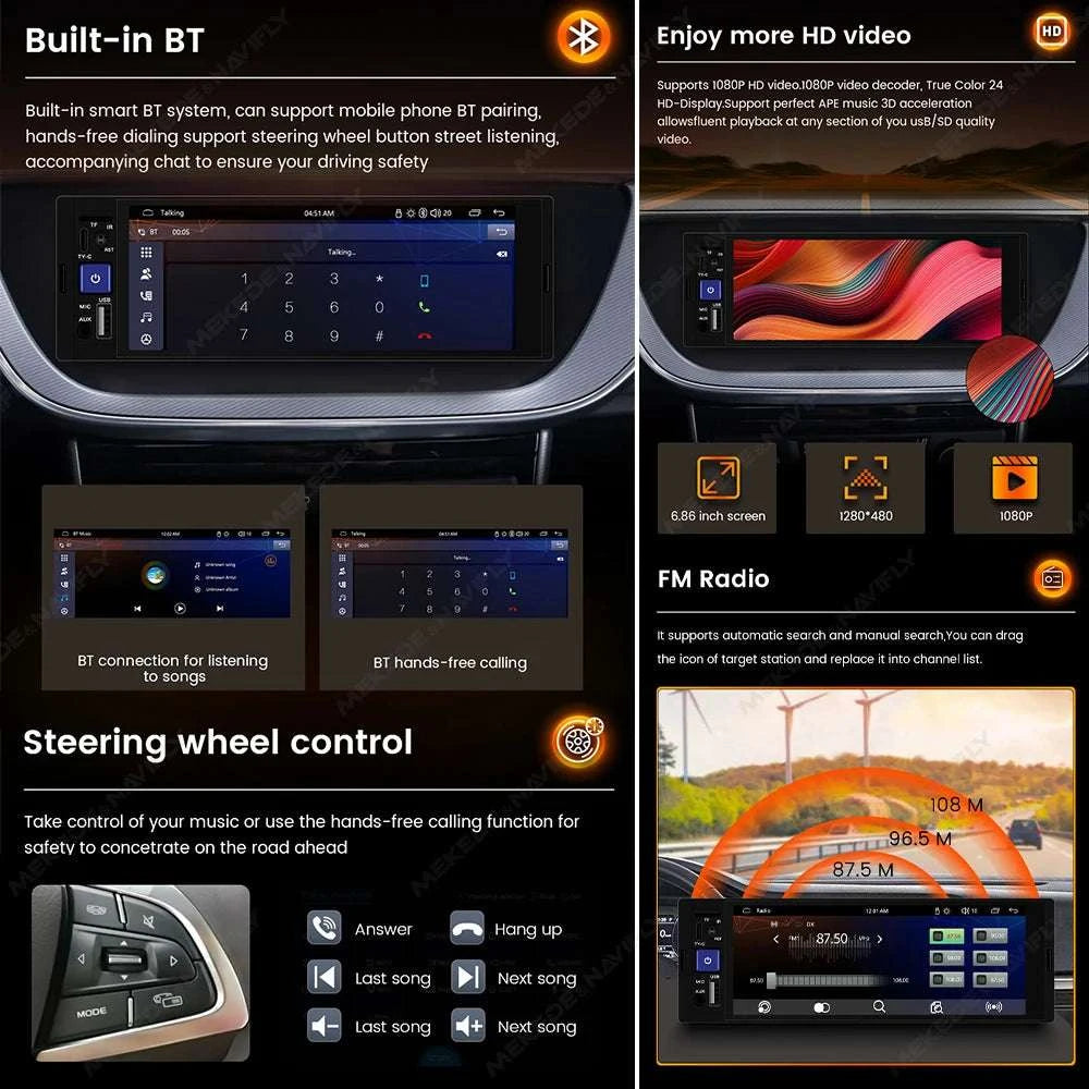 6.86" 1DIN Car Stereo with Wireless CarPlay, Android Auto & BT-OD2