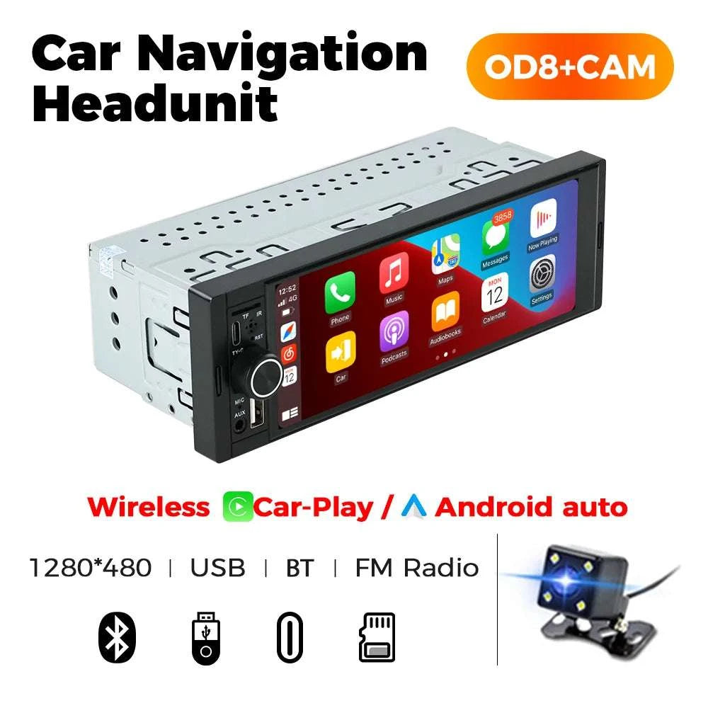 6.86" 1DIN Car Stereo with Wireless CarPlay, Android Auto & BT-OD2