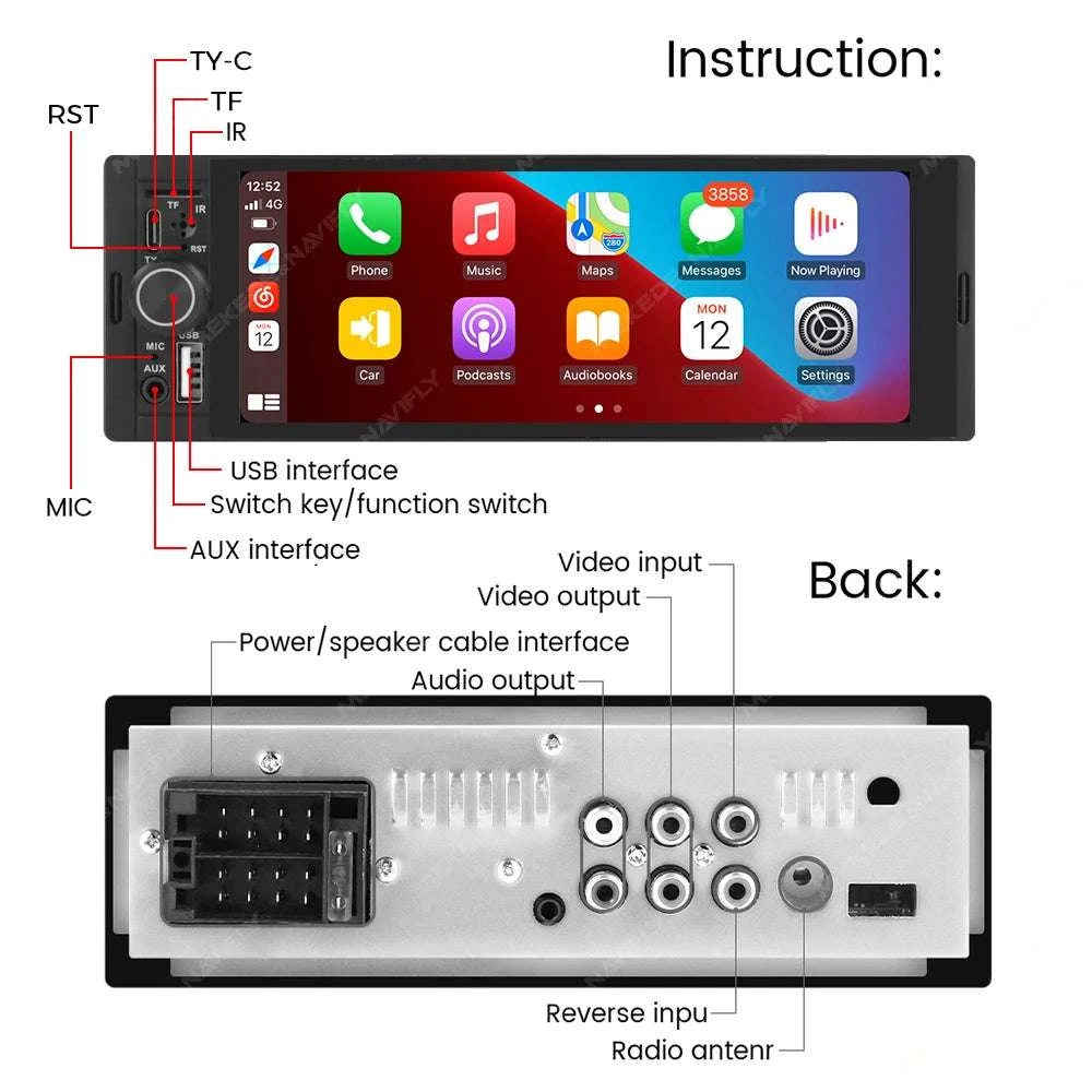 6.86" 1DIN Car Stereo with Wireless CarPlay, Android Auto & BT-OD2