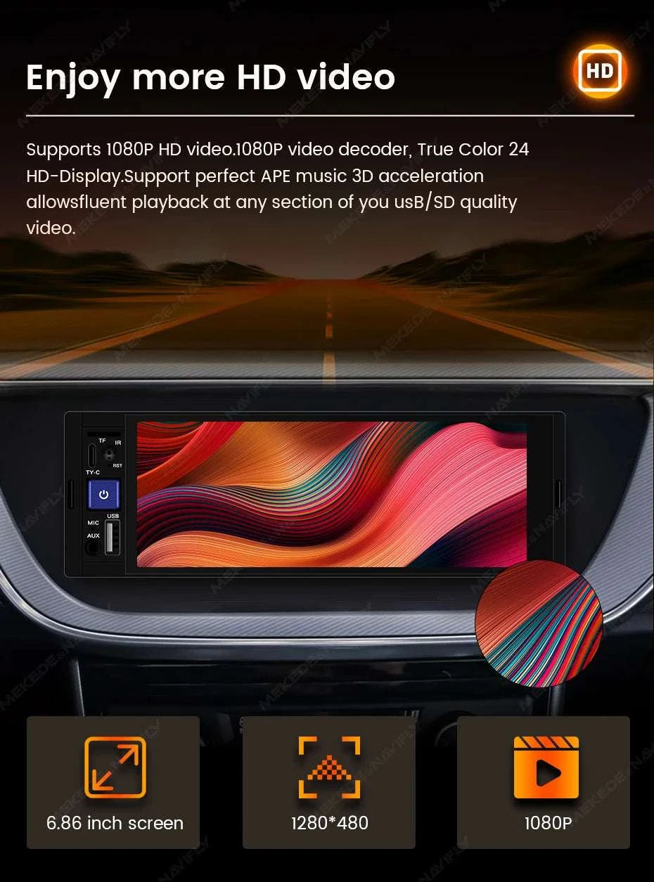 6.86" 1DIN Car Stereo with Wireless CarPlay, Android Auto & BT-OD2