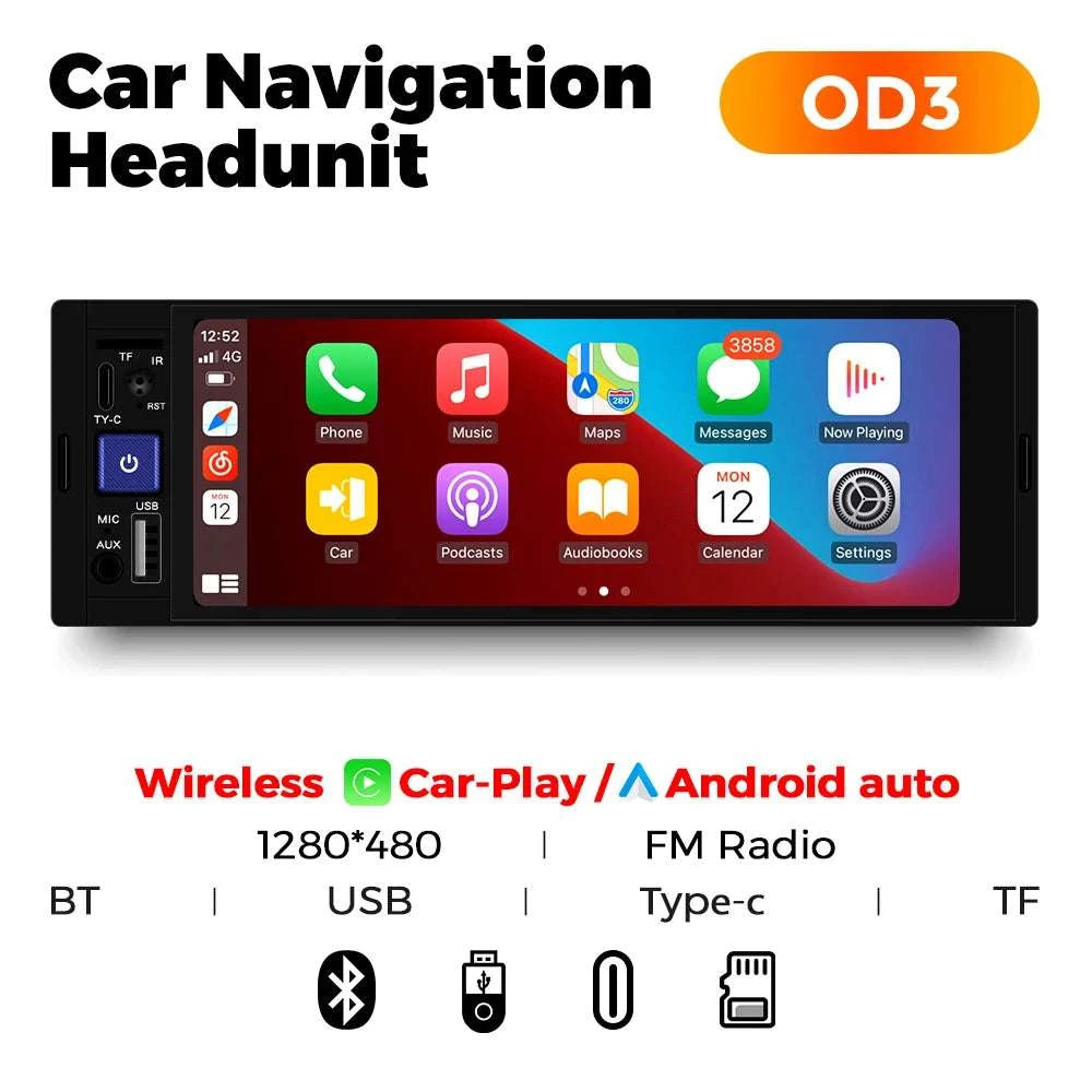 6.86" 1DIN Car Stereo with Wireless CarPlay, Android Auto & BT-OD2