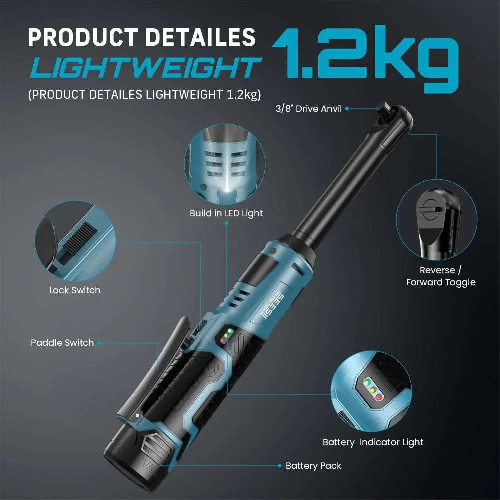 6" Cordless Electric Ratchet Wrench 3/8" 12V 55Nm w/ 2 Batteries-Ratchet Wrench / france