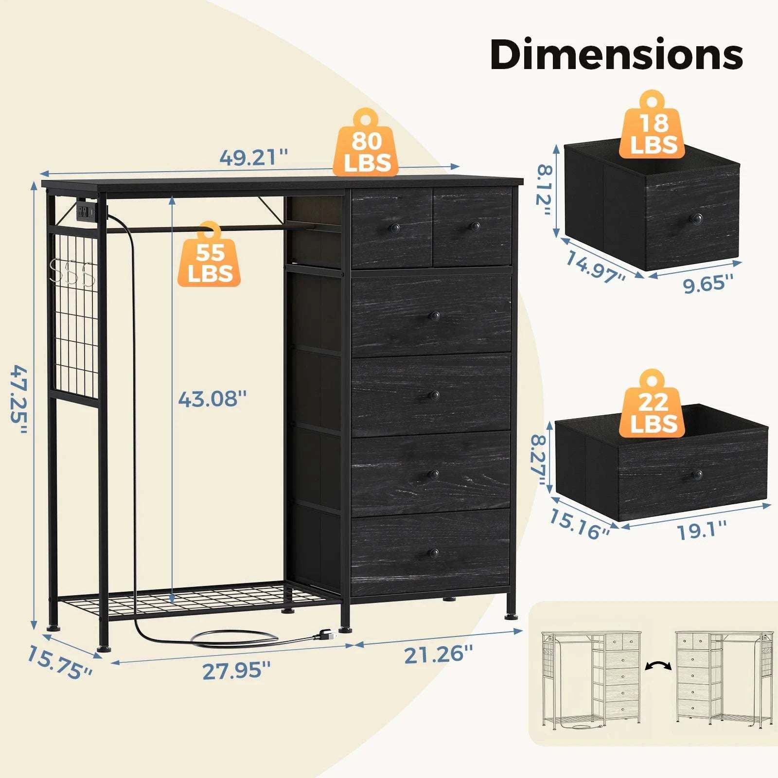 6-Drawer Fabric Dresser with Hanging Rack, LED Lights & Charging Station-LIGHT GRAY / United States