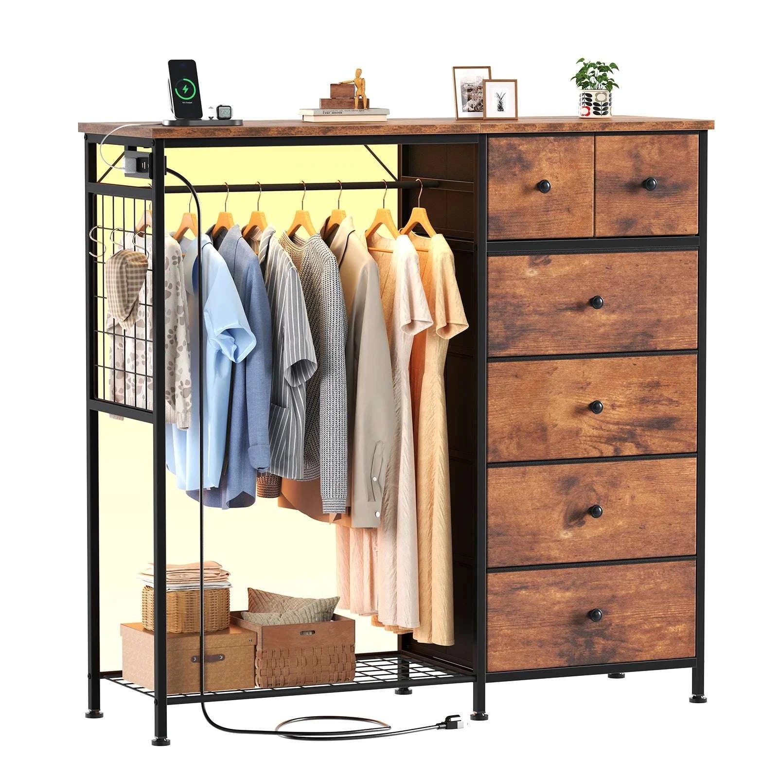 6-Drawer Fabric Dresser with Hanging Rack, LED Lights & Charging Station-LIGHT GRAY / United States