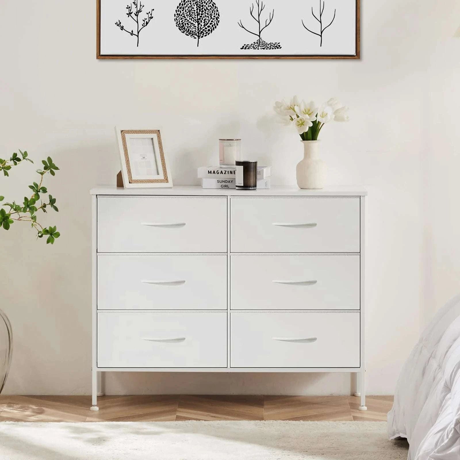 6-Drawer Fabric Dresser with Wooden Top and Metal Frame-Ivory / United States