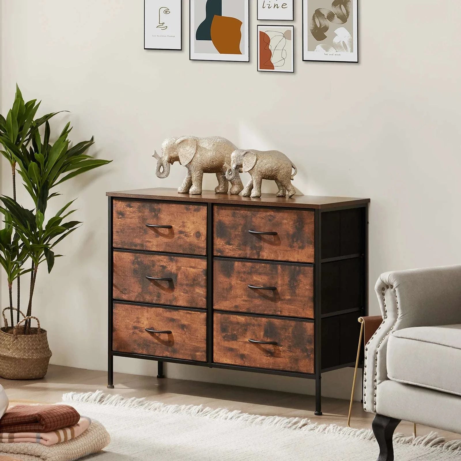 6-Drawer Fabric Dresser with Wooden Top and Metal Frame-Ivory / United States