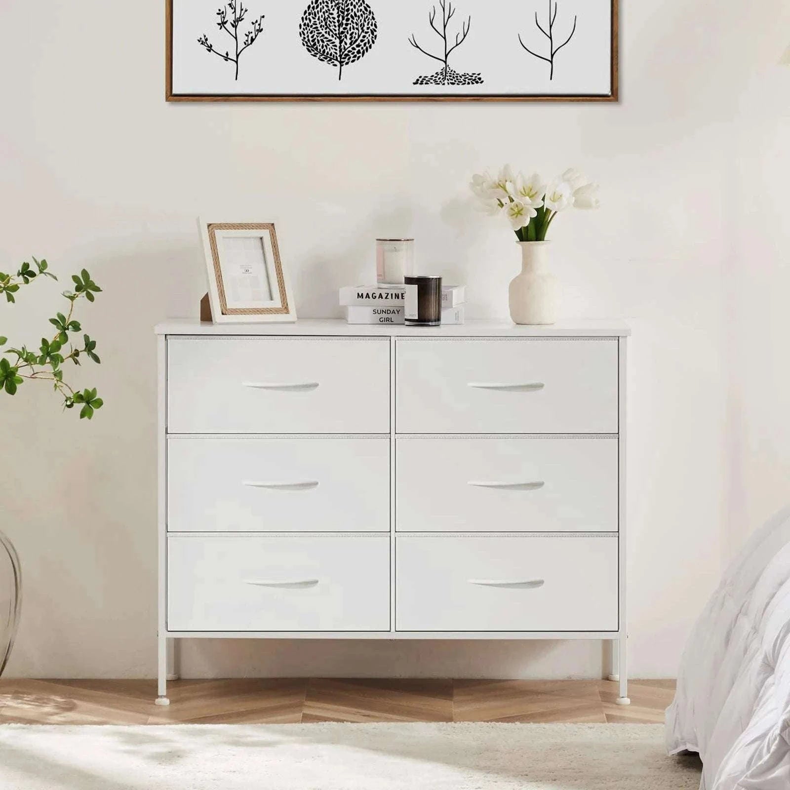 6-Drawer Fabric Dresser with Wooden Top and Metal Frame-Ivory / United States