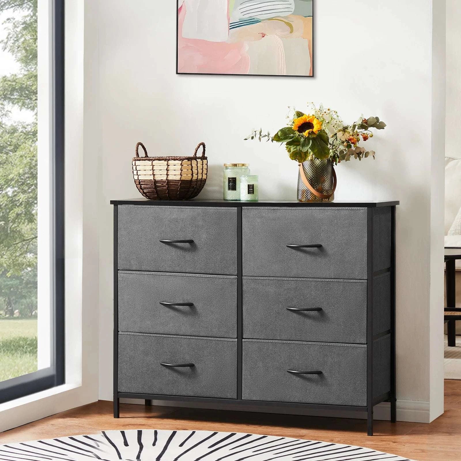 6-Drawer Fabric Dresser with Wooden Top and Metal Frame-Ivory / United States
