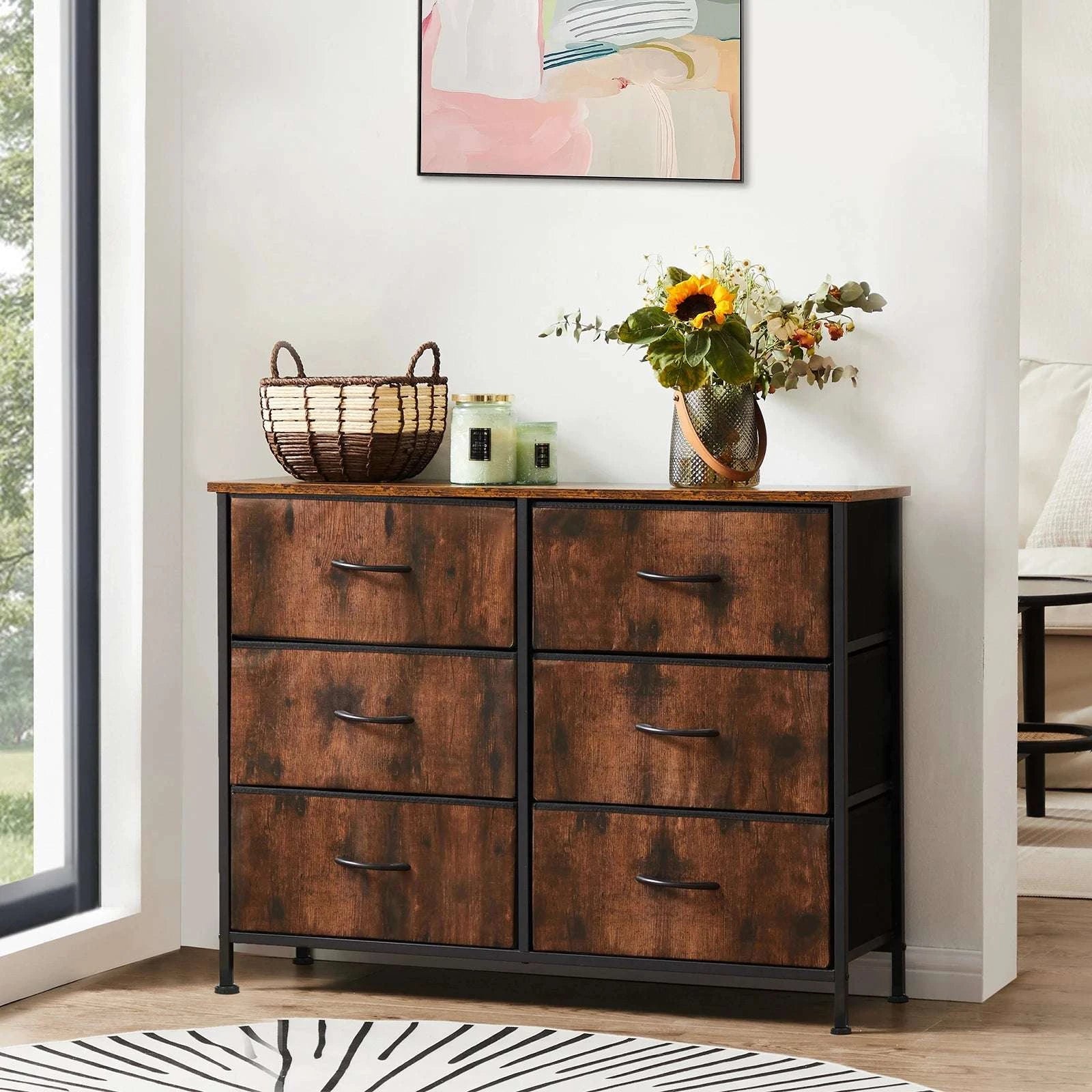 6-Drawer Fabric Dresser with Wooden Top and Metal Frame-Ivory / United States