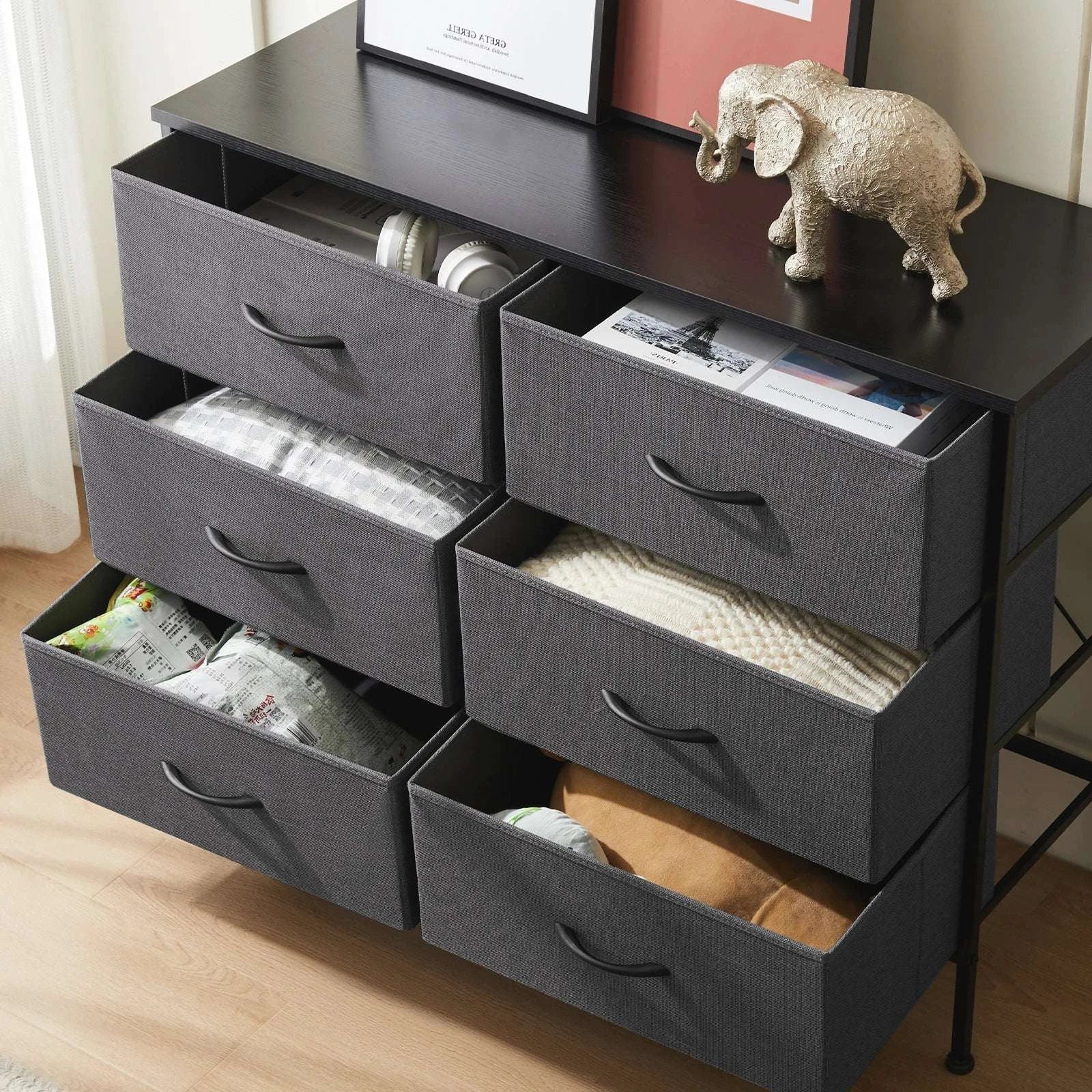6 Drawer Fabric Nightstand with Metal Frame and Wooden Top-black / United States