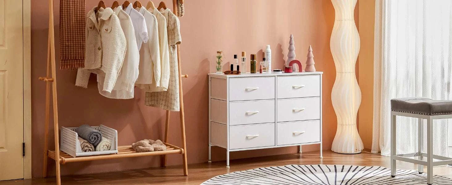 6 Drawer Fabric Nightstand with Metal Frame and Wooden Top-black / United States