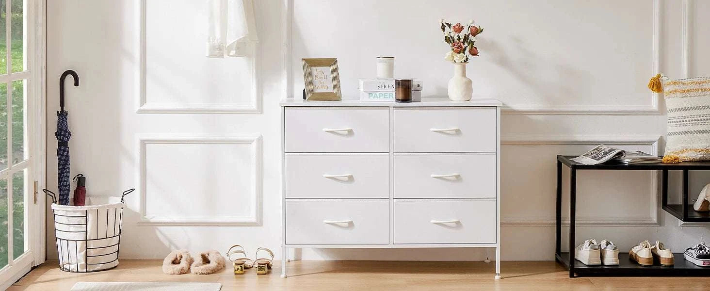 6 Drawer Fabric Nightstand with Metal Frame and Wooden Top-black / United States