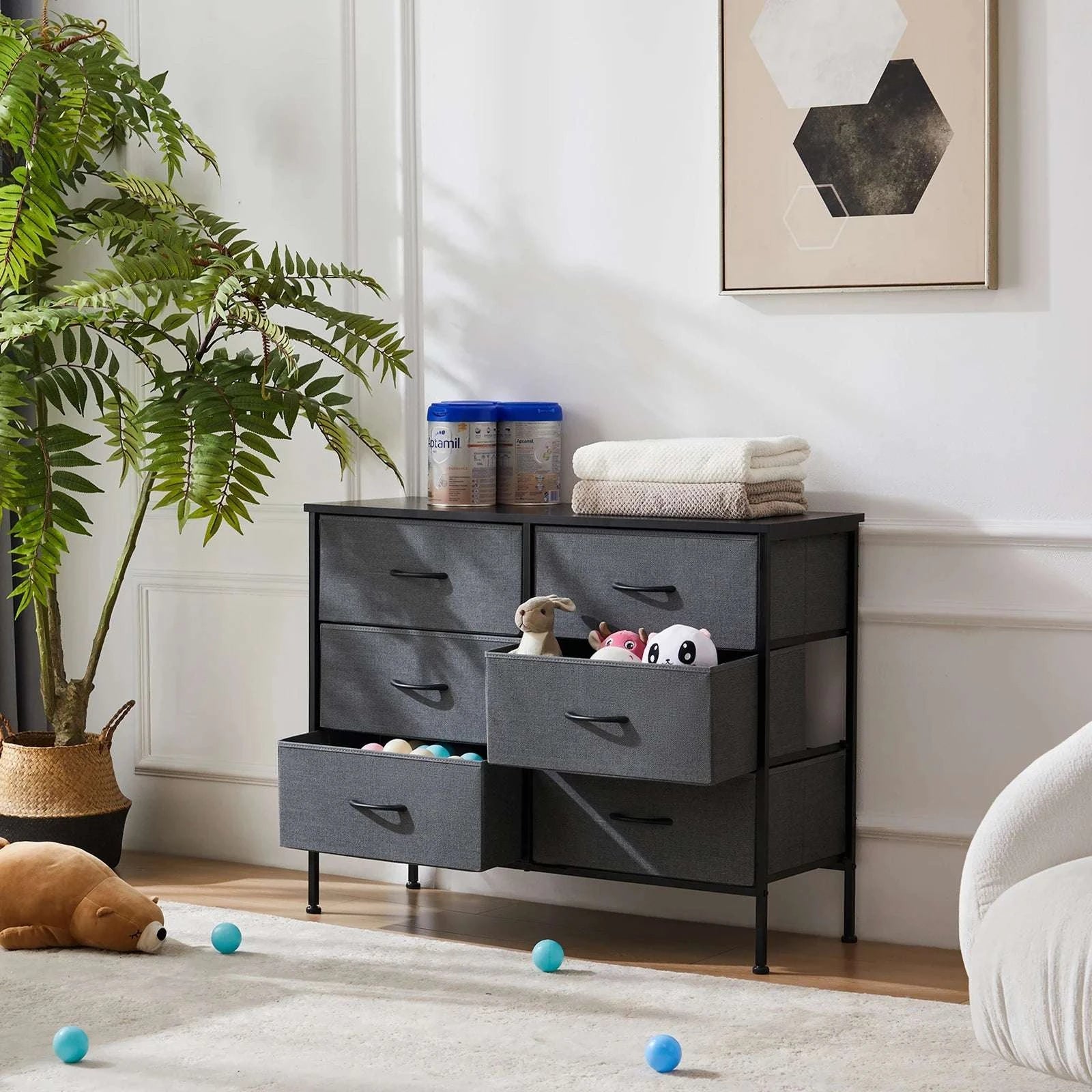 6 Drawer Fabric Nightstand with Metal Frame and Wooden Top-black / United States
