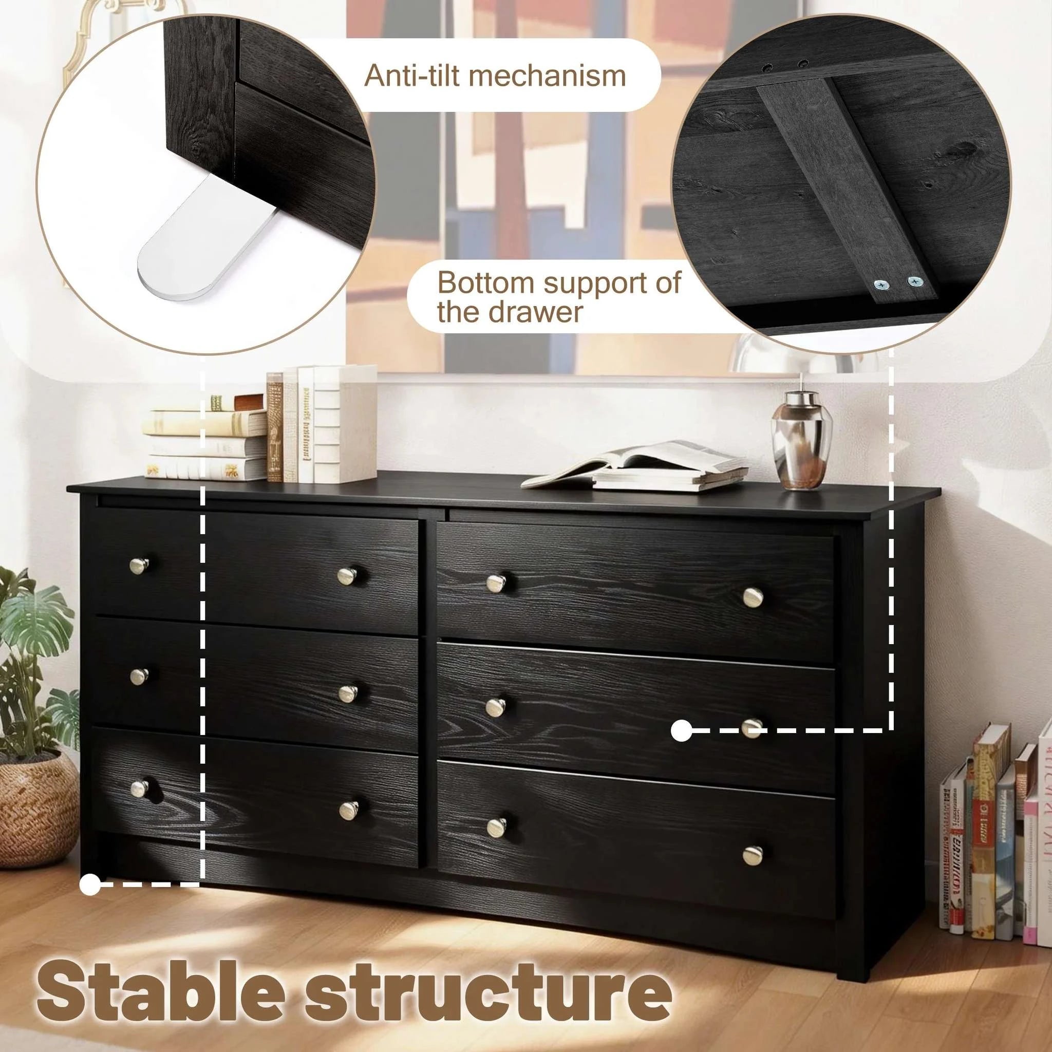 6 Drawer Wood Top Dresser with Fabric Storage for Bedroom or Living Room-black / United States