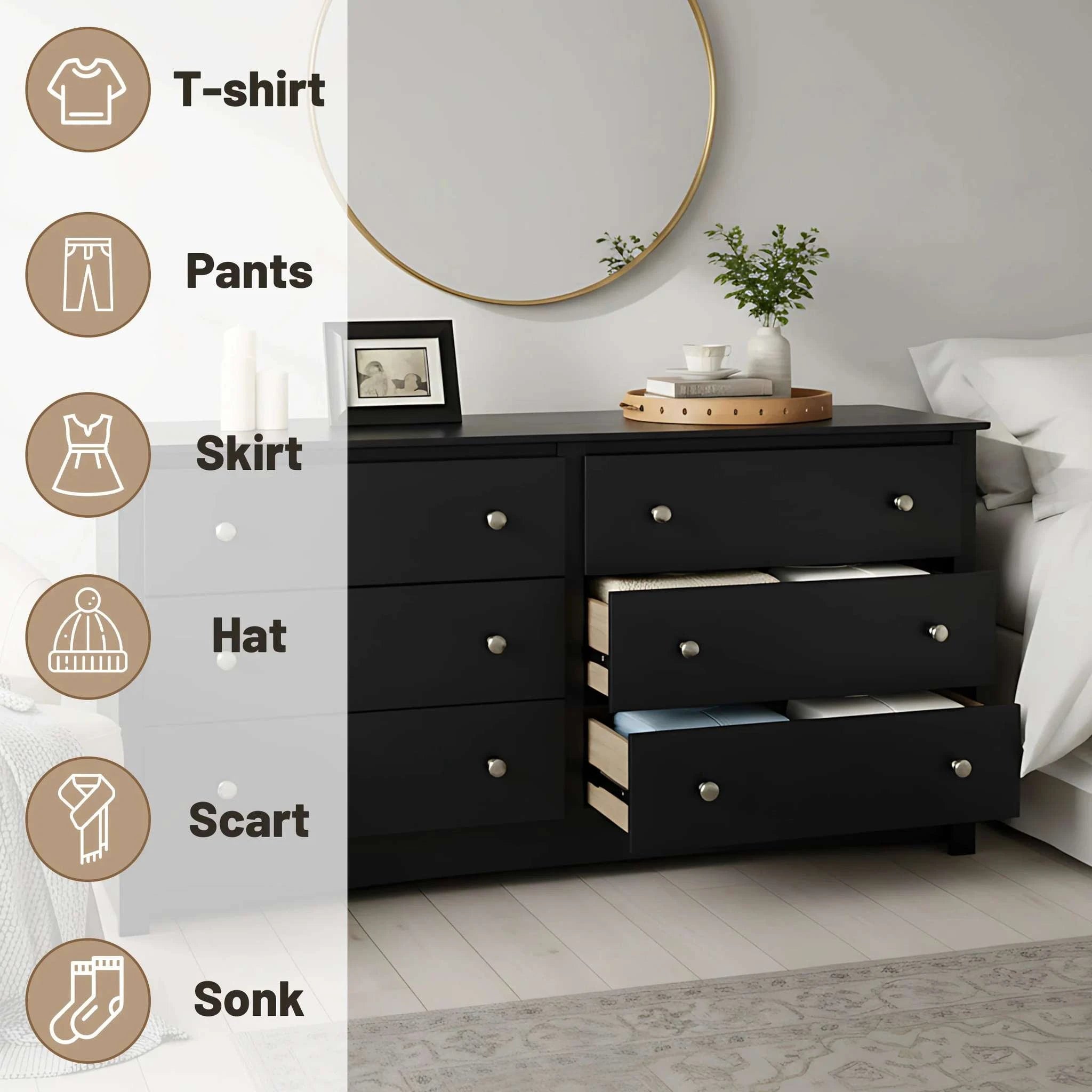 6 Drawer Wood Top Dresser with Fabric Storage for Bedroom or Living Room-black / United States