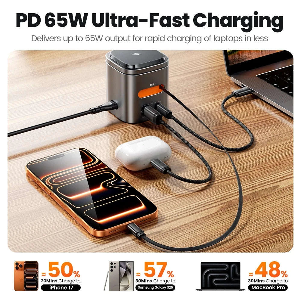 6-in-1 80W GaN Charging Station with Wireless & Retractable Cable-US Plug