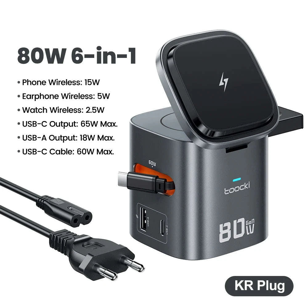 6-in-1 80W GaN Charging Station with Wireless & Retractable Cable-US Plug