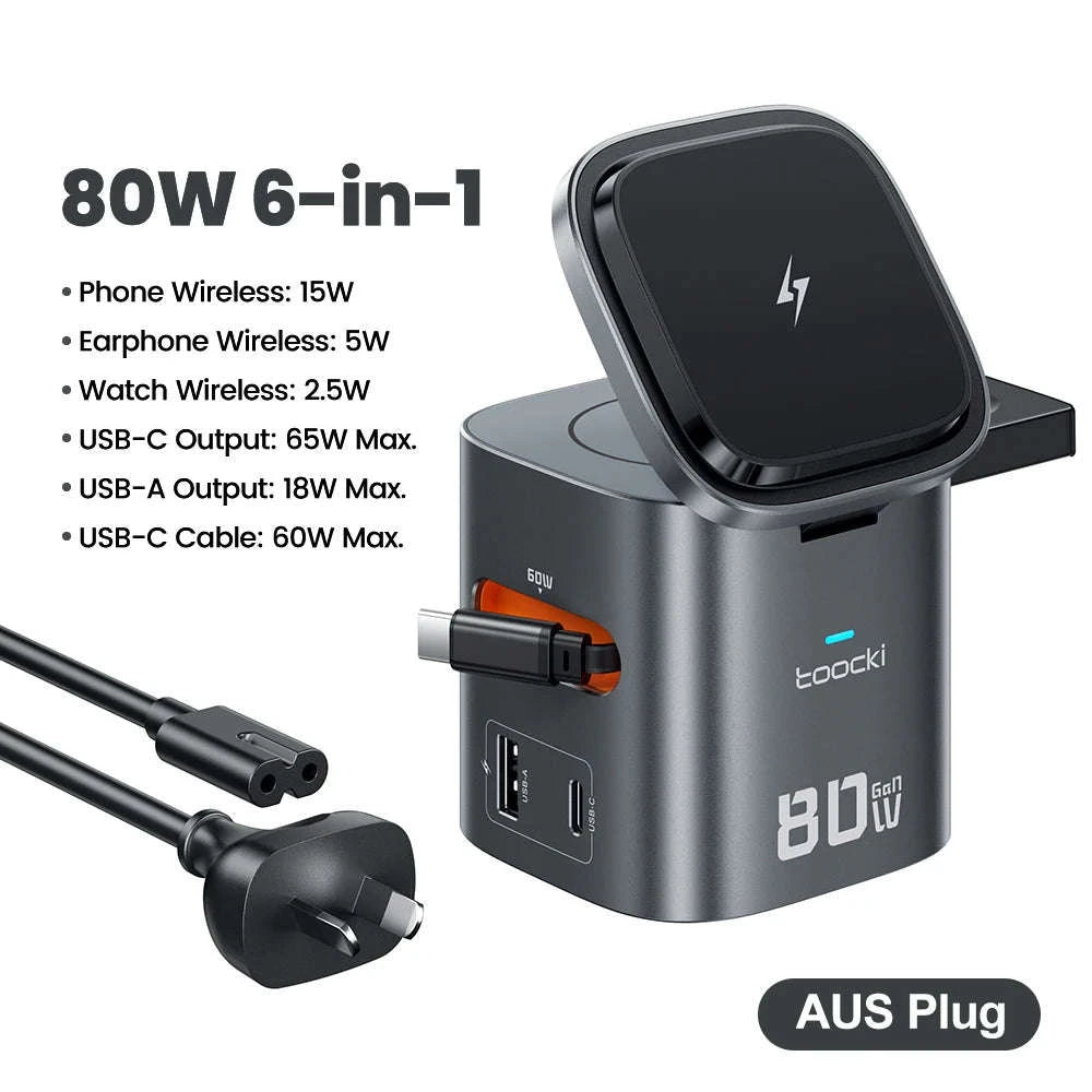 6-in-1 80W GaN Charging Station with Wireless & Retractable Cable-US Plug