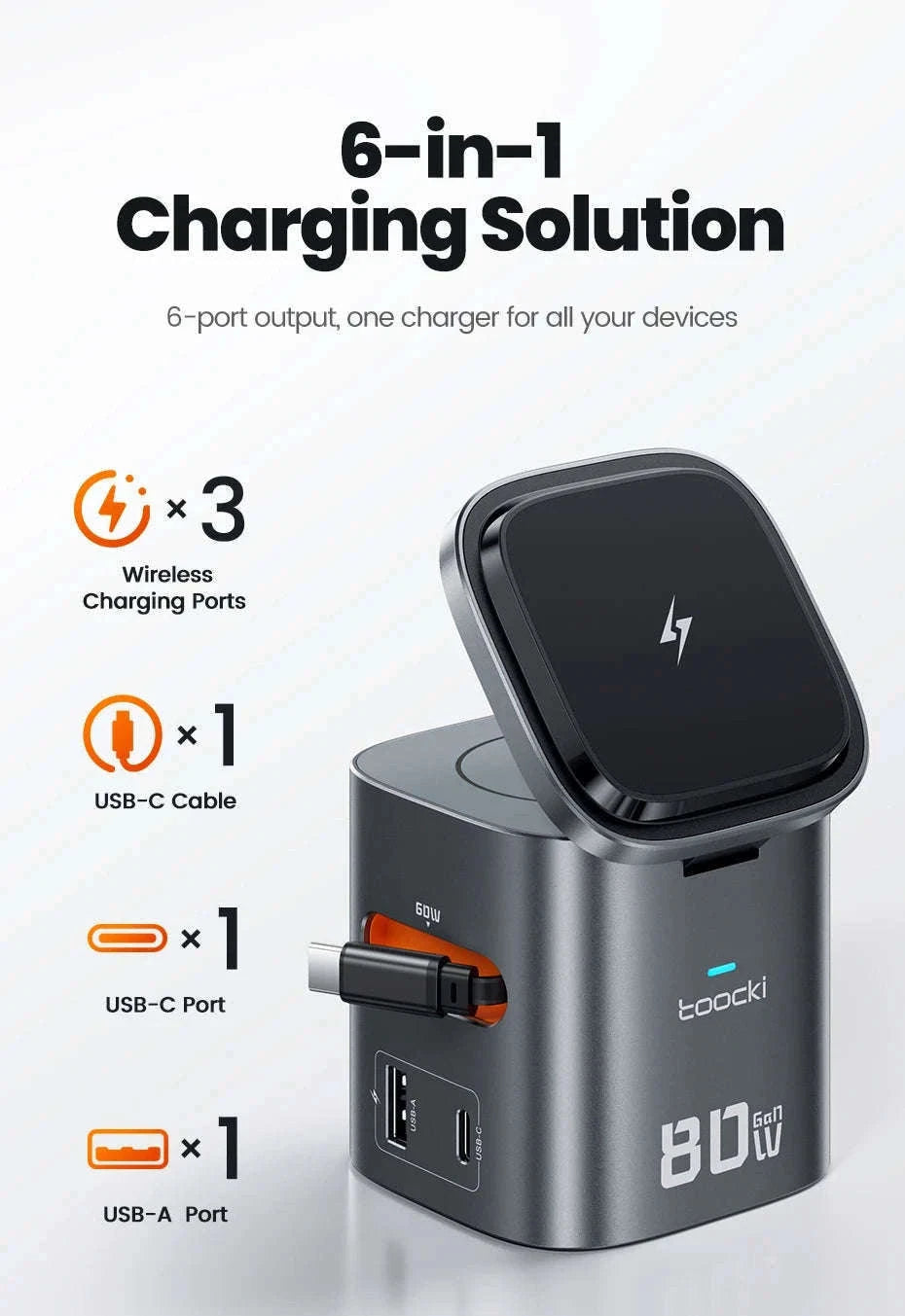 6-in-1 80W GaN Charging Station with Wireless & Retractable Cable-US Plug