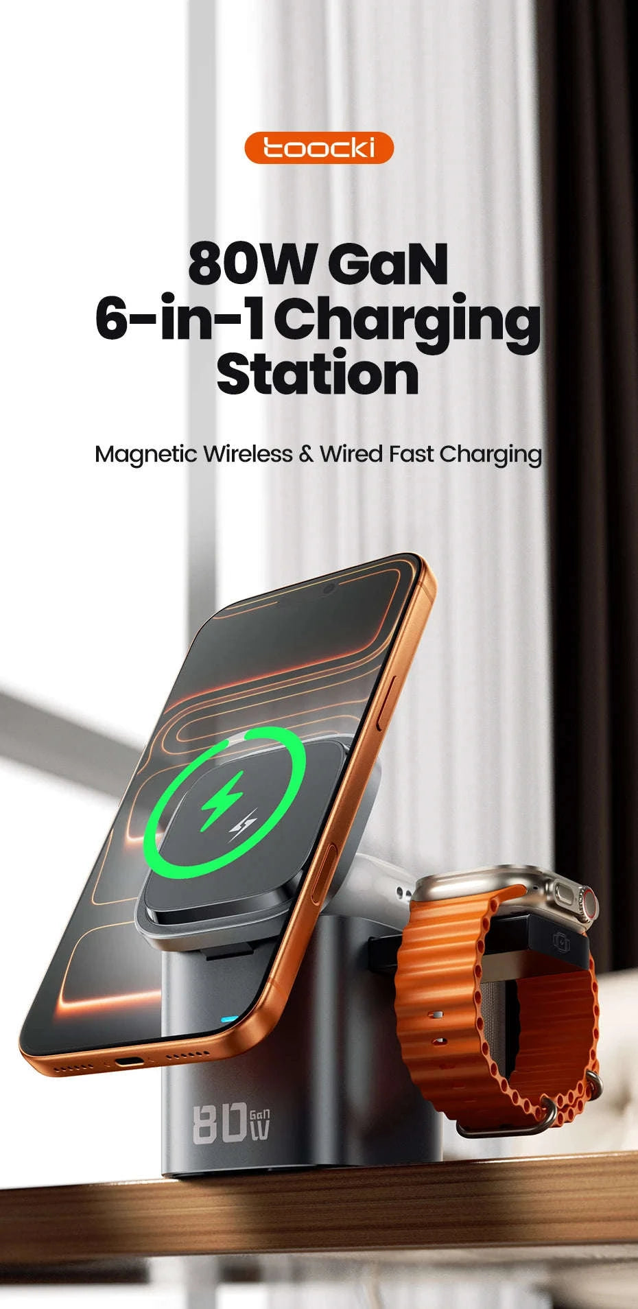 6-in-1 80W GaN Charging Station with Wireless & Retractable Cable-US Plug