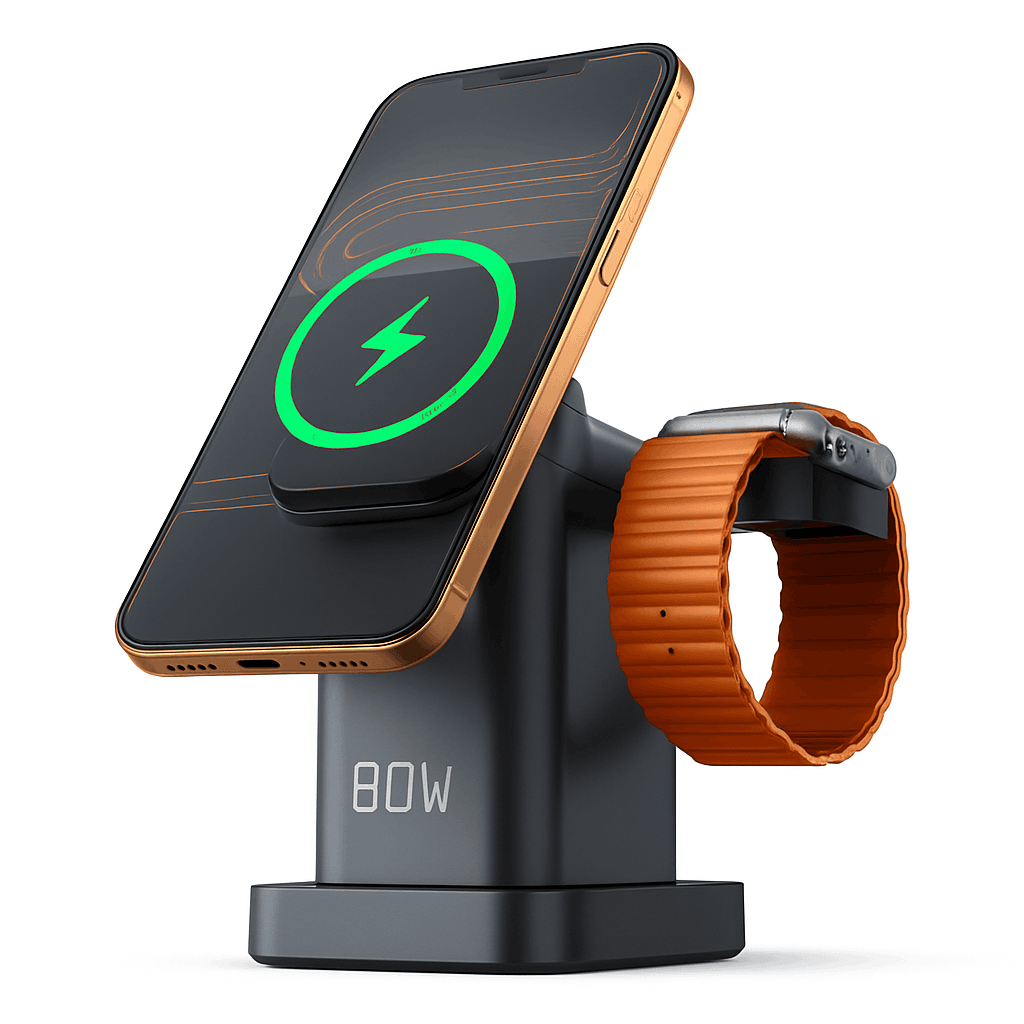 6-in-1 80W GaN Charging Station with Wireless & Retractable Cable-US Plug
