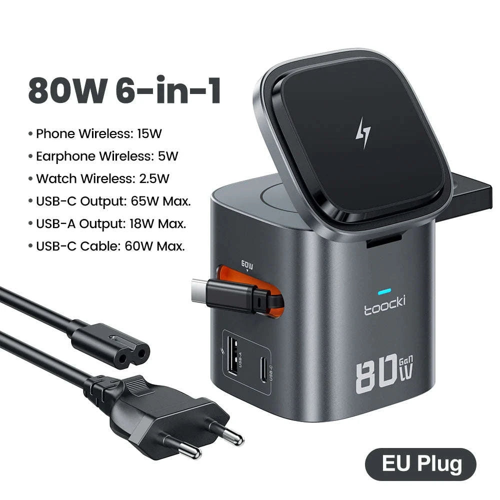 6-in-1 80W GaN Charging Station with Wireless & Retractable Cable-US Plug