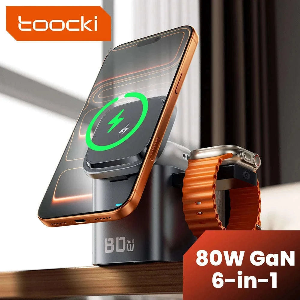 6-in-1 80W GaN Charging Station with Wireless & Retractable Cable-US Plug