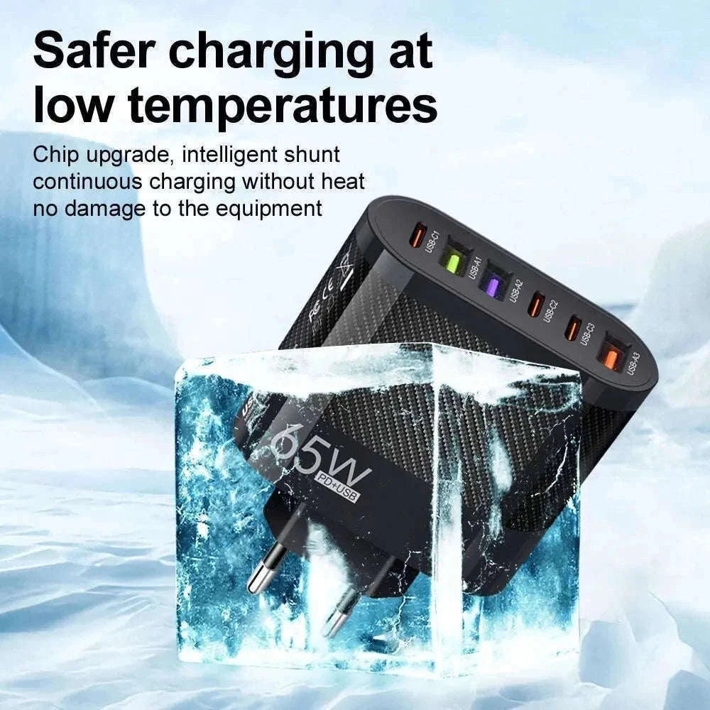 6-in-1 USB Charger with QC3.0 and PD Fast Charging-EU Black