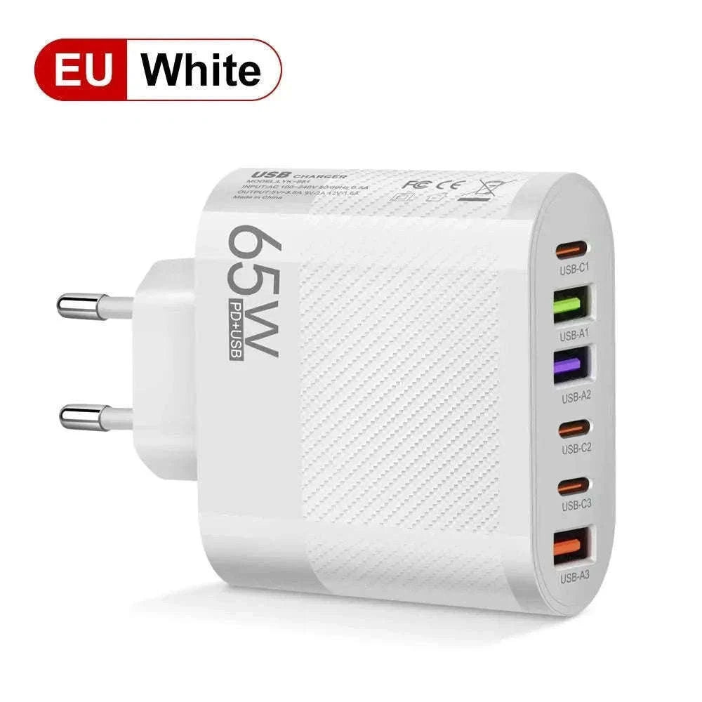 6-in-1 USB Charger with QC3.0 and PD Fast Charging-EU Black