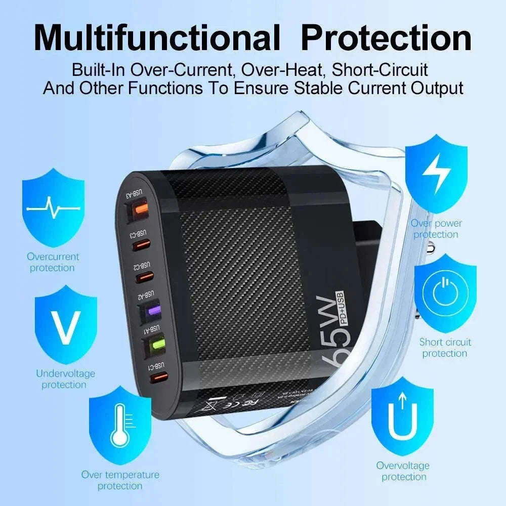 6-in-1 USB Charger with QC3.0 and PD Fast Charging-EU Black