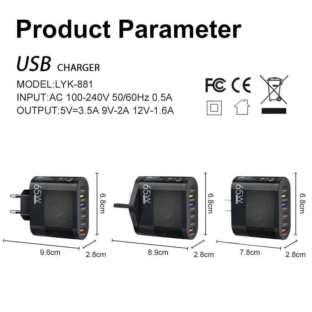6-in-1 USB Charger with QC3.0 and PD Fast Charging-EU Black