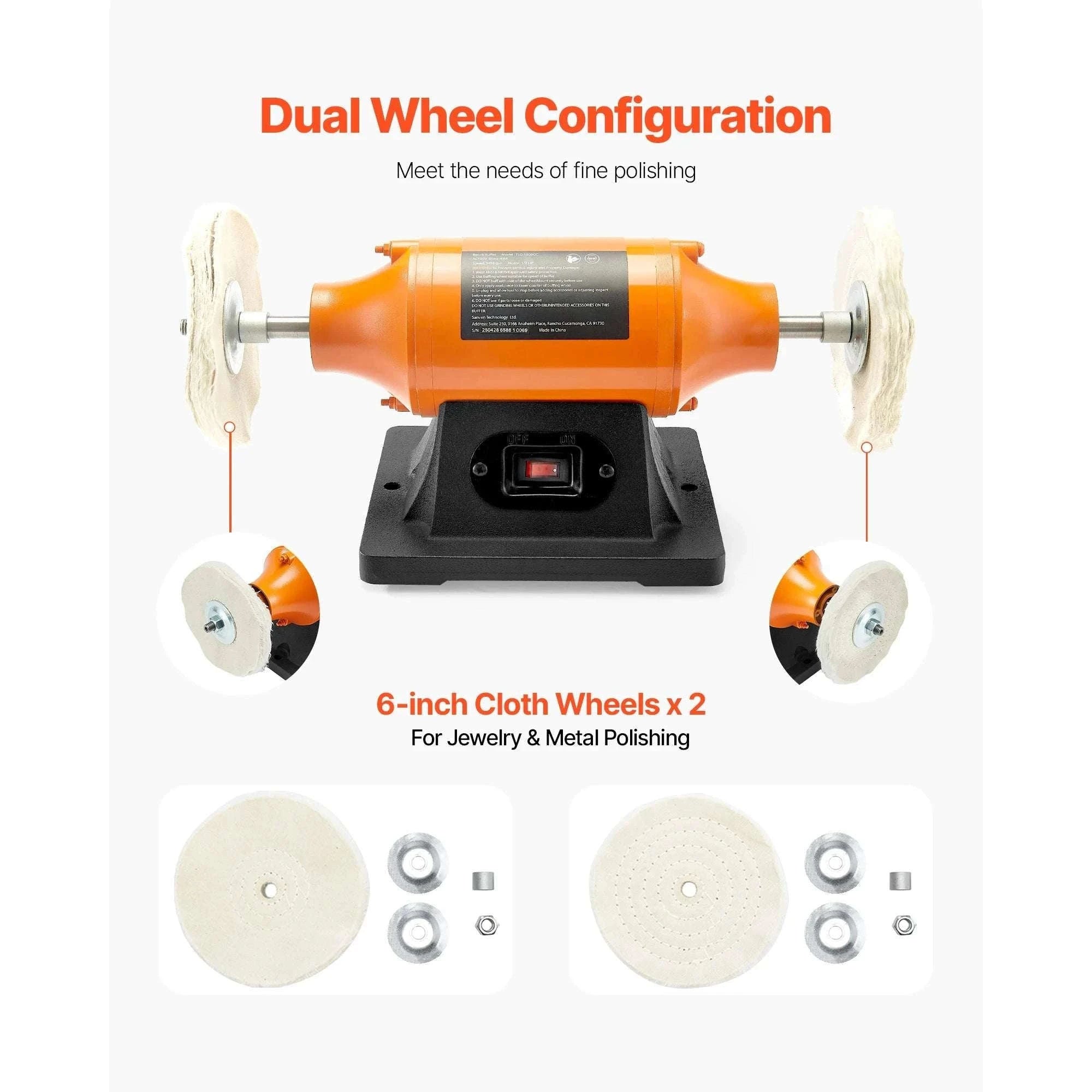6-Inch Bench Buffer Polisher 1/2HP 3450RPM with Cloth Wheels-8inch / United States