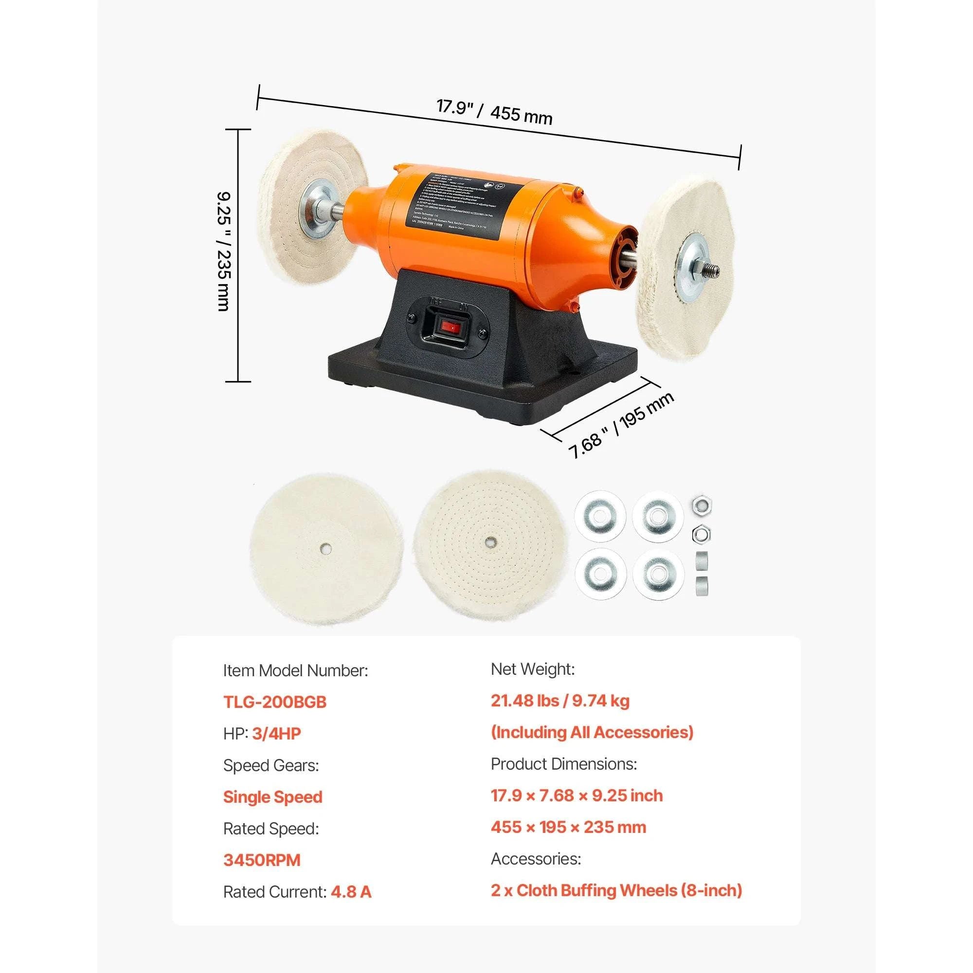 6-Inch Bench Buffer Polisher 1/2HP 3450RPM with Cloth Wheels-8inch / United States