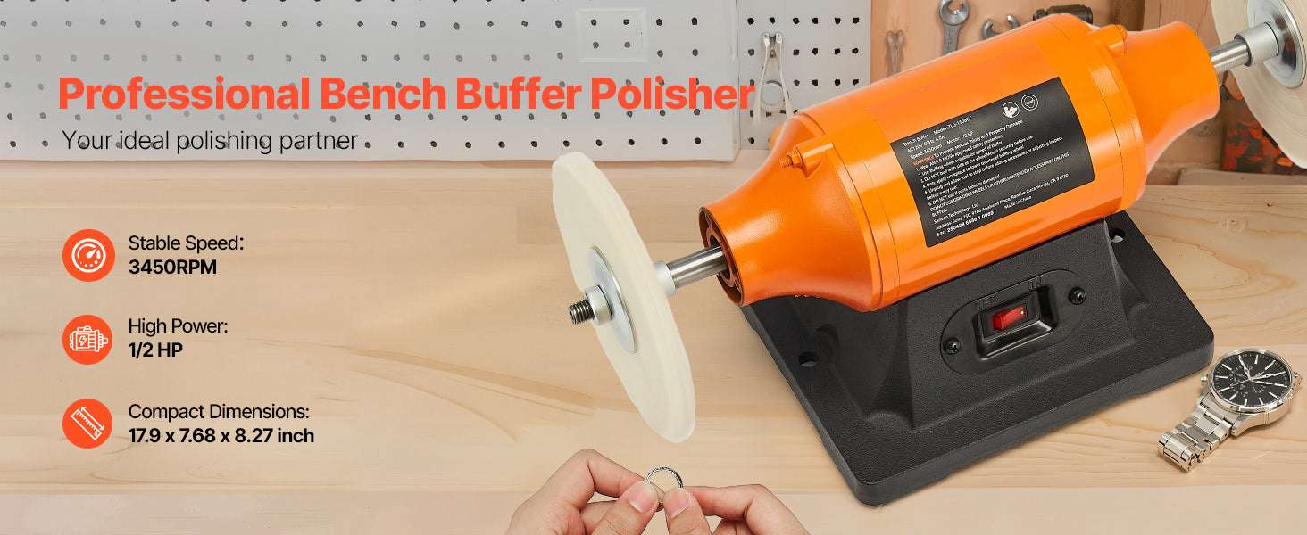 6-Inch Bench Buffer Polisher 1/2HP 3450RPM with Cloth Wheels-8inch / United States