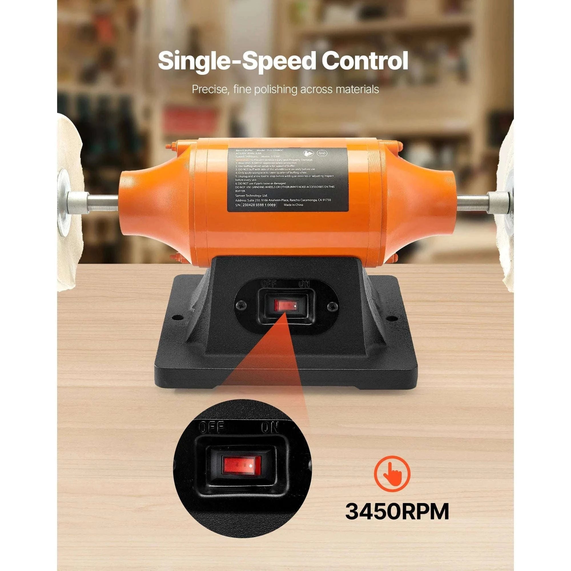 6-Inch Bench Buffer Polisher 1/2HP 3450RPM with Cloth Wheels-8inch / United States