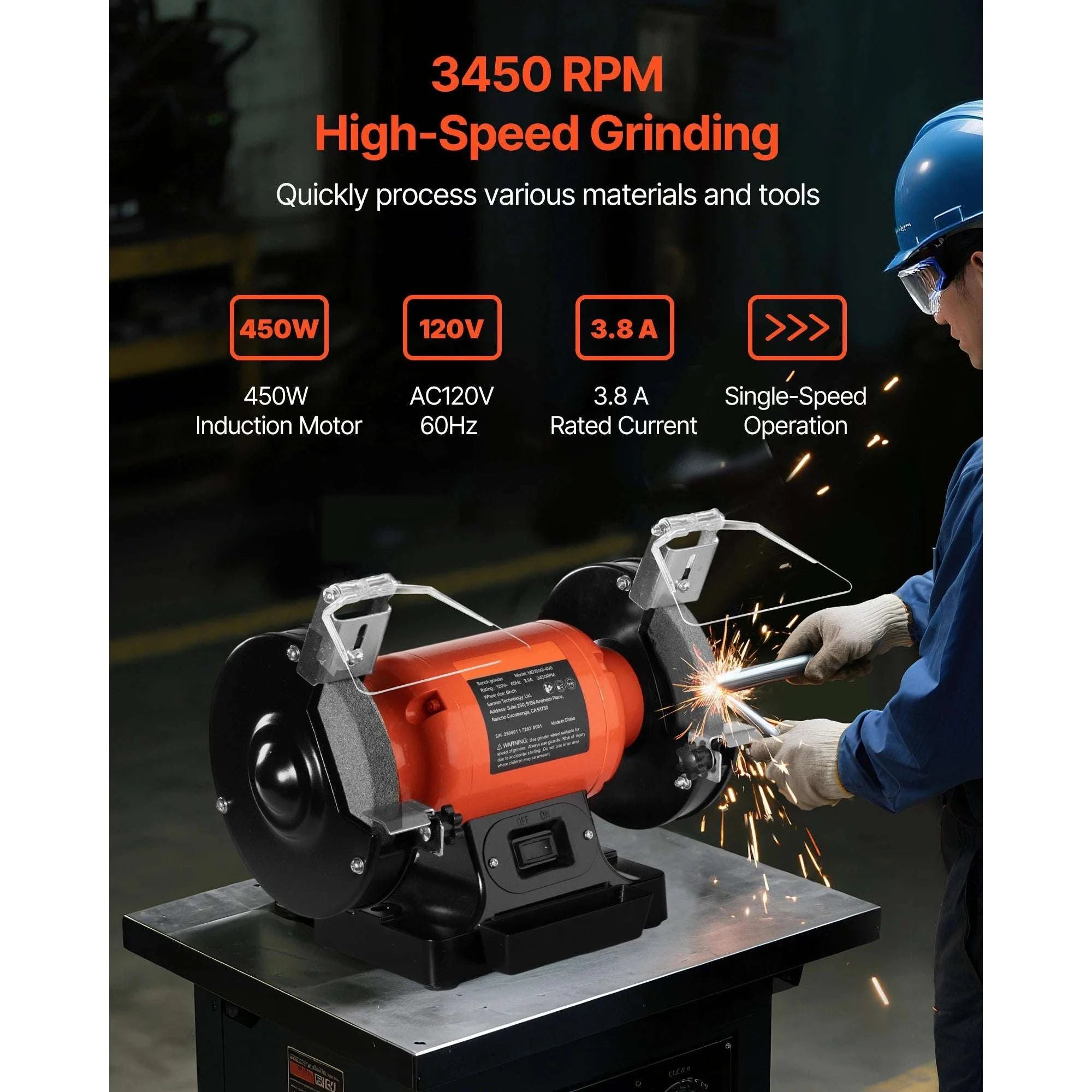 6-Inch Bench Grinder 3450RPM with Dual 36/60 Grit Wheels-250W 3450 RPM / United States