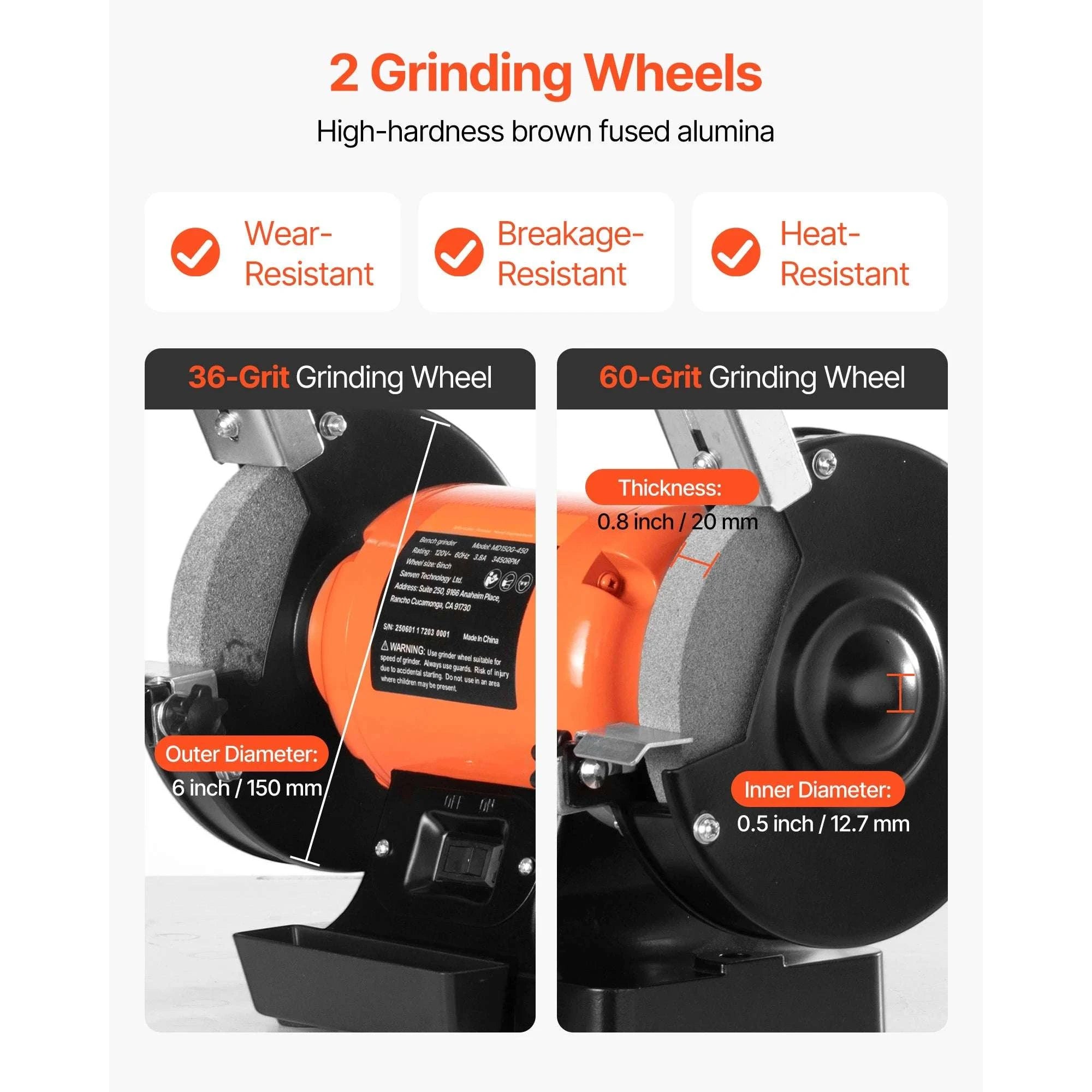 6-Inch Bench Grinder 3450RPM with Dual 36/60 Grit Wheels-250W 3450 RPM / United States