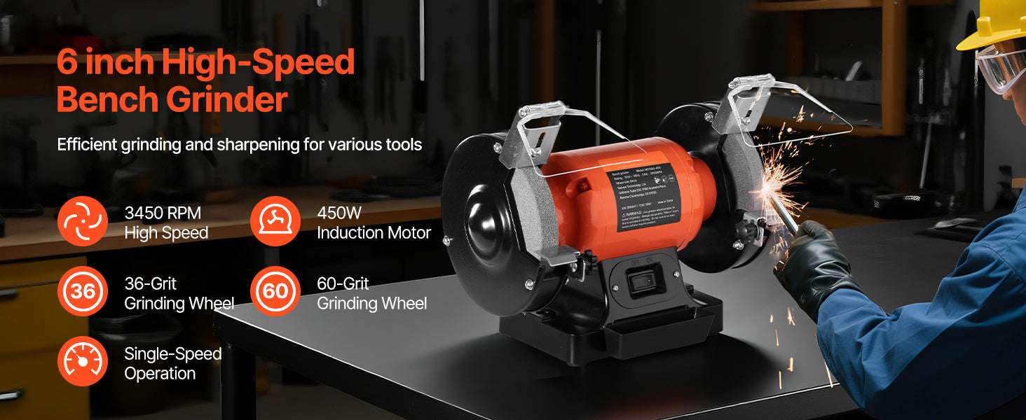 6-Inch Bench Grinder 3450RPM with Dual 36/60 Grit Wheels-250W 3450 RPM / United States