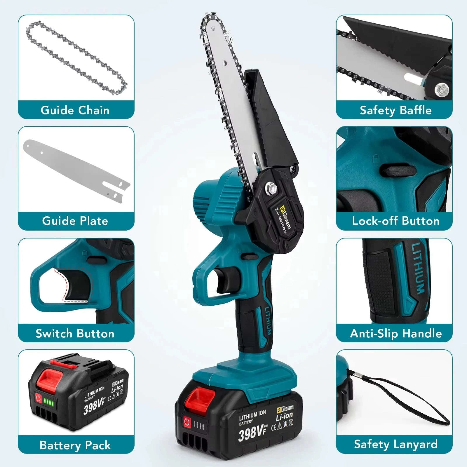 6 Inch Cordless Electric Chainsaw for Fast Wood Cutting-Black 2x198vf batter / GERMANY