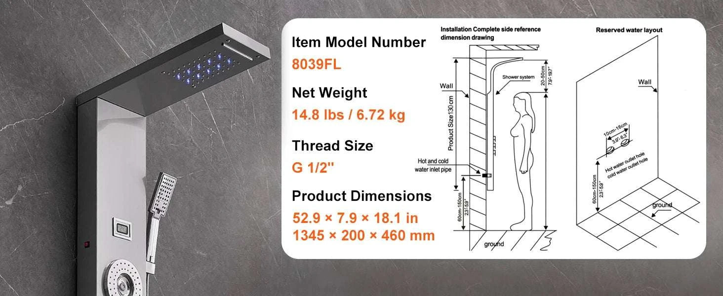 6-Mode Shower Panel Tower with LED Display & Handheld Head-6 2 4 / United States