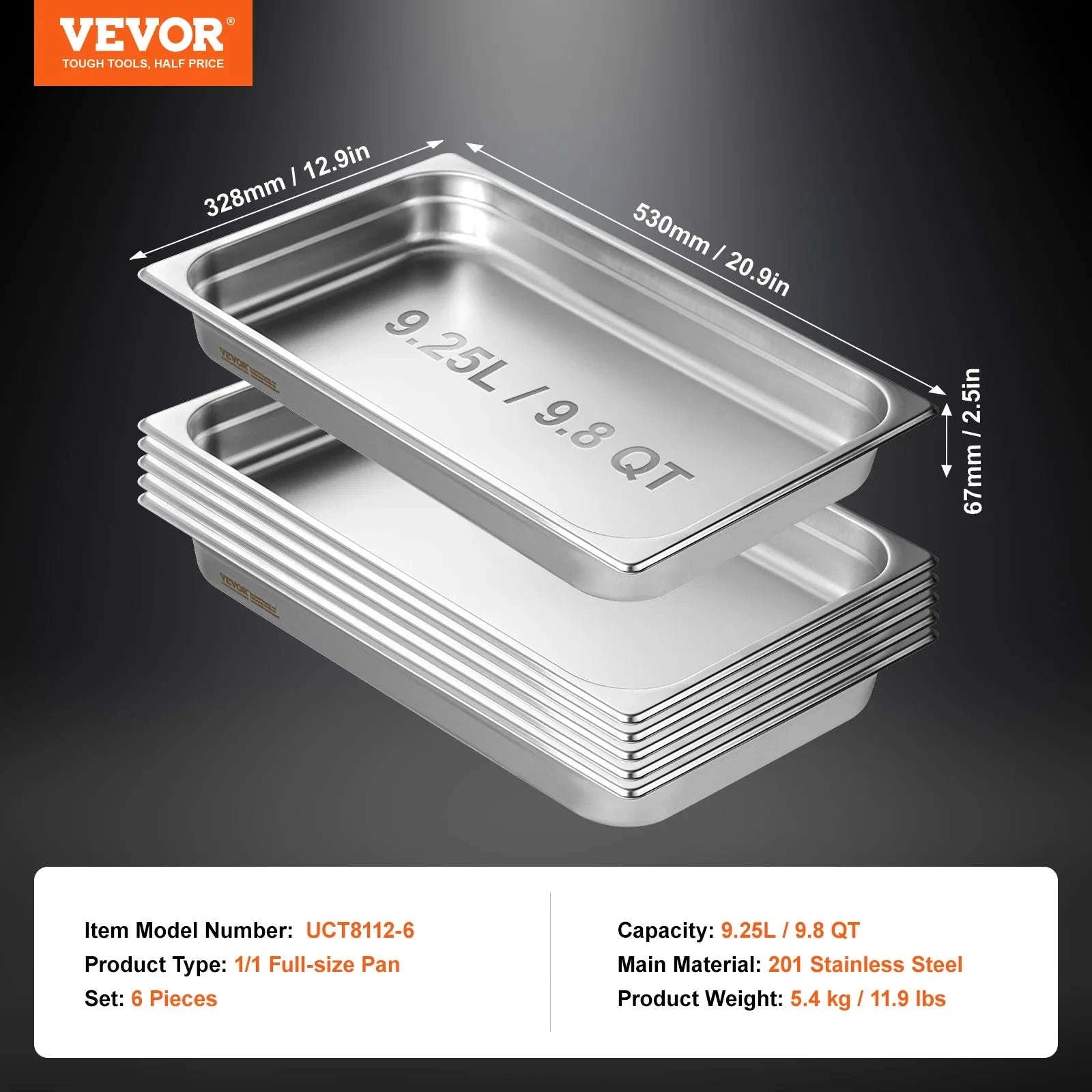 6 Pack Full Size Stainless Steel Steam Table Pans 2.5 in Deep-6pcs 4inches / Canada