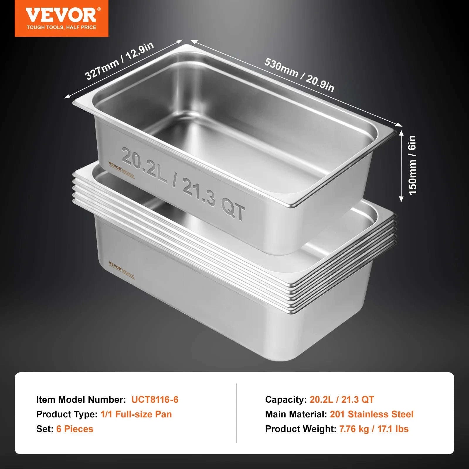 6 Pack Full Size Stainless Steel Steam Table Pans 2.5 in Deep-6pcs 4inches / Canada