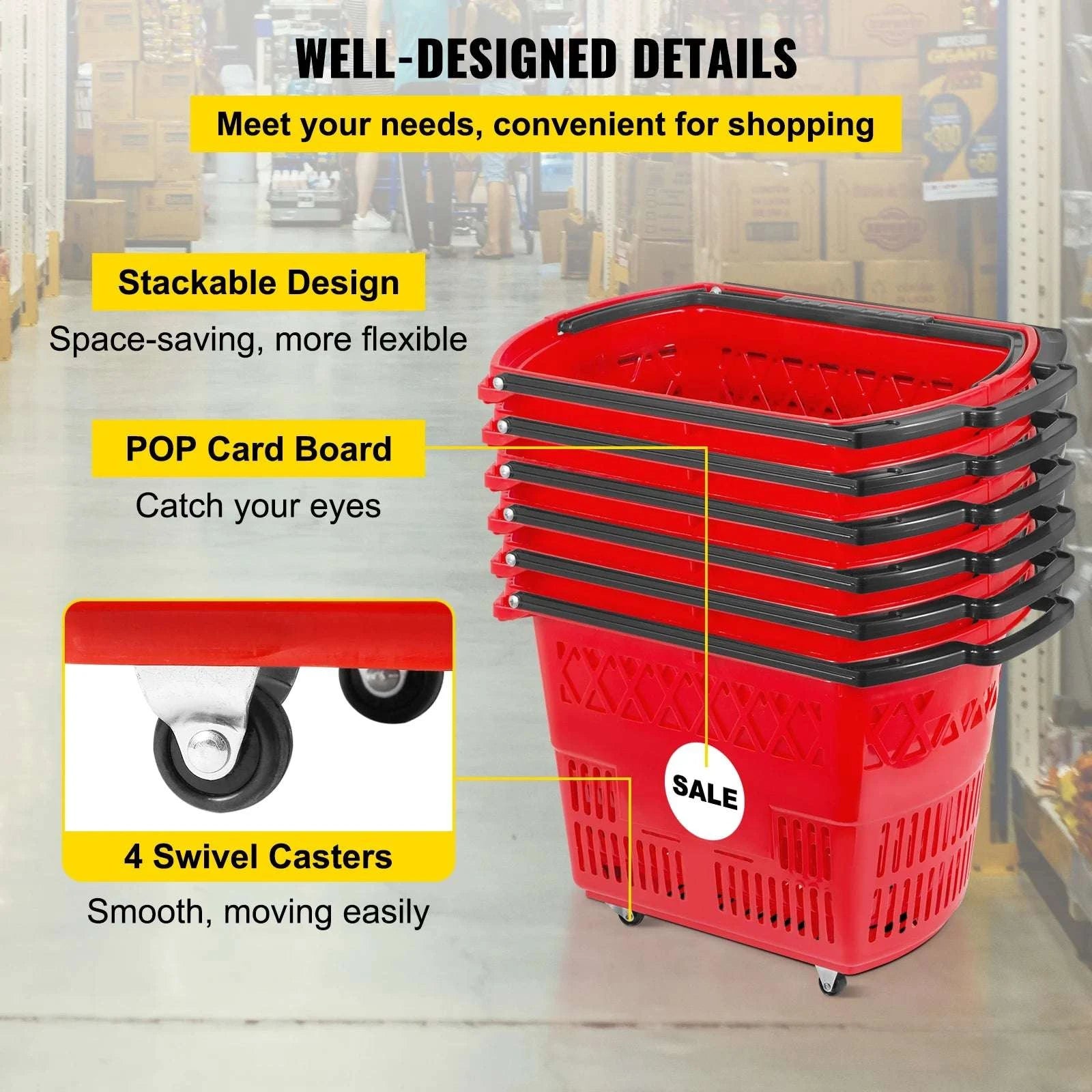 6-Pack Rolling Shopping Baskets with Wheels & Dual Handles-6pcs Blue / United States