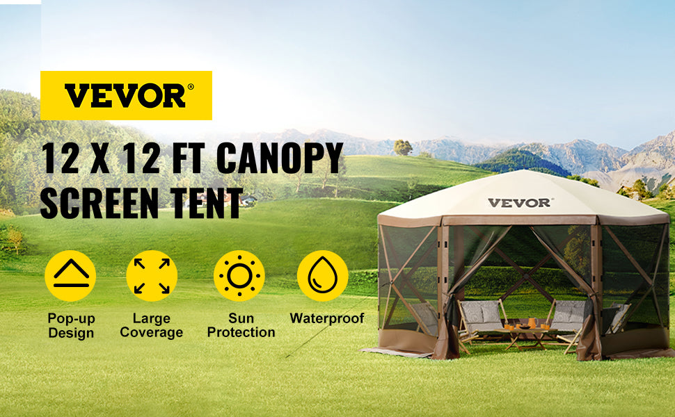 Tente de camping pop-up hexagonale avec moustiquaire et panneaux coupe-vent