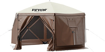 Tente de camping pop-up hexagonale avec moustiquaire et panneaux coupe-vent